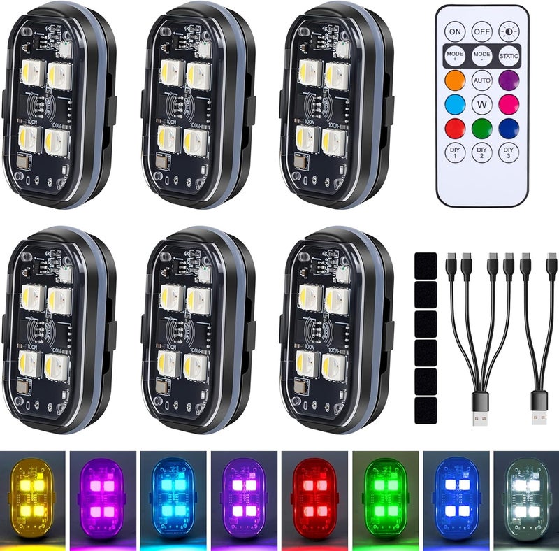 Aukmak Upgraded 4LEDs 6PCS Wireless LED Strobe Lights with Remote Control, 8 Colors Type-C Rechargeable Led Lights Anti Collision Warning Light for Car Motorcycle Bike Drone Aircraft - Image 1